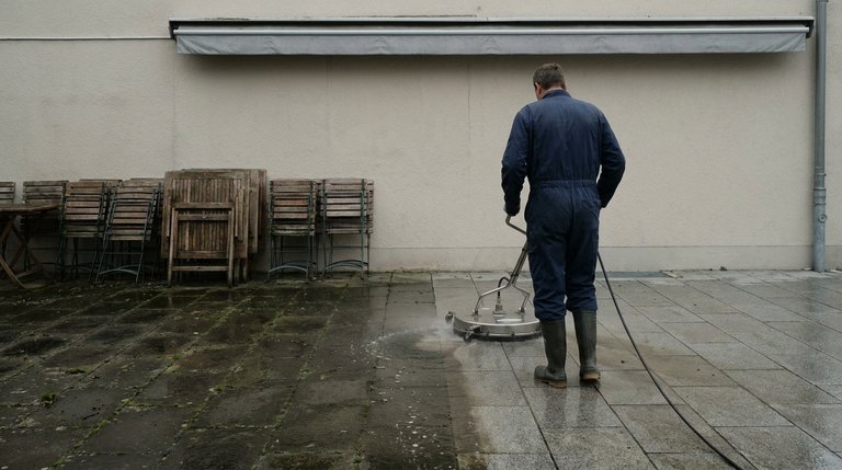Reinigung einer Gastro-Terrasse mit Flächenreiniger — halb gereinigte Steinplatten vor der Öffnung (Illustration — beispielhafte Darstellung)