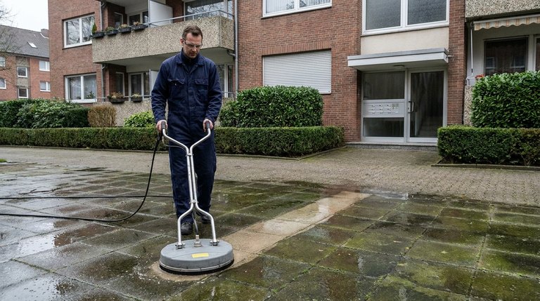 Flächenreinigung mit professionellem Flächenreiniger im Innenhof einer Wohnanlage (Illustration — beispielhafte Darstellung)