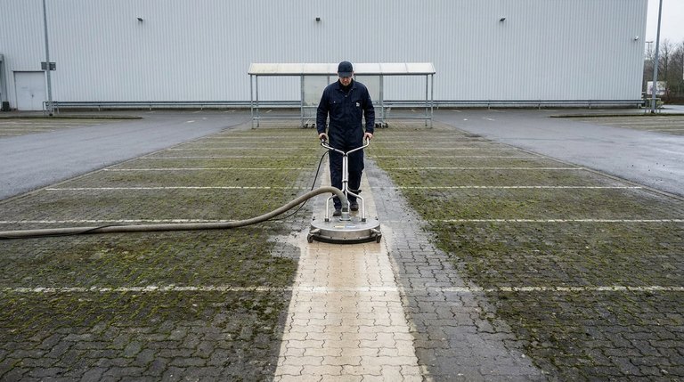 Professionelle Großflächenreinigung eines Parkplatzes mit Aufsitz-Reinigungsmaschine (Illustration — beispielhafte Darstellung)