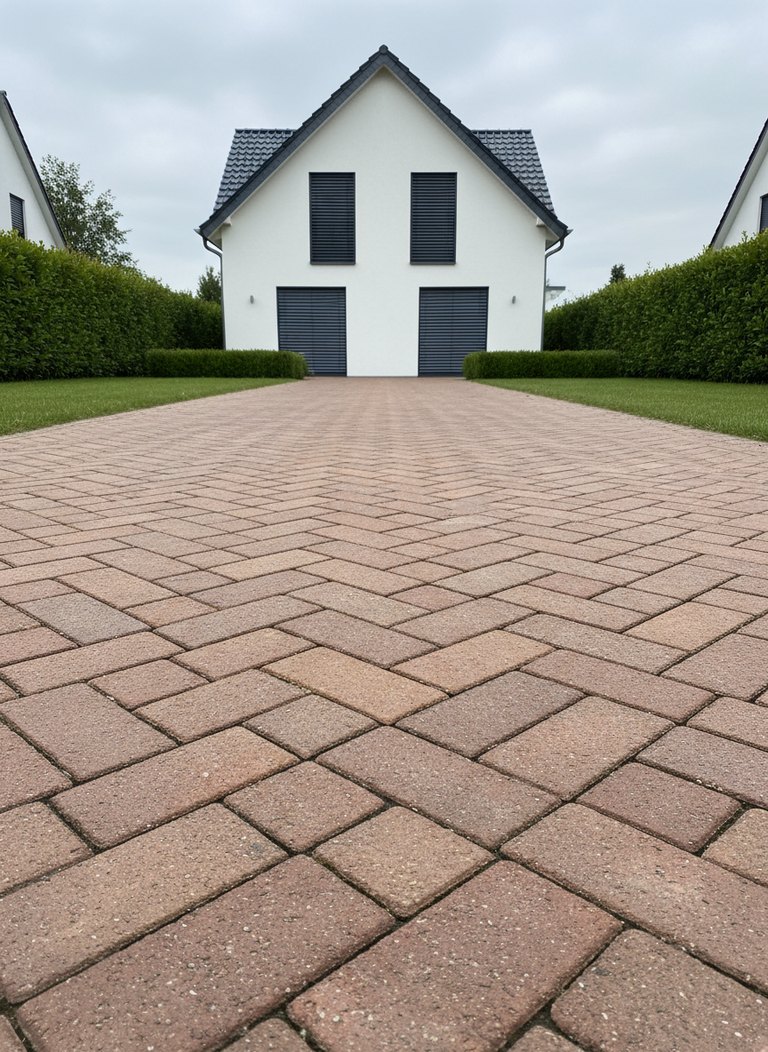 Verschiedene Steinarten nebeneinander: Betonpflaster, Klinker, Naturstein und Feinsteinzeug als Material-Übersicht. (Illustration — beispielhafte Darstellung)