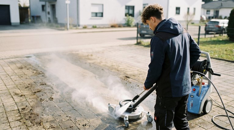 Fachgerecht gereinigte Pflasterfläche mit frisch verfugten Fugen als Beispiel für saubere Arbeit (Illustration — beispielhafte Darstellung)